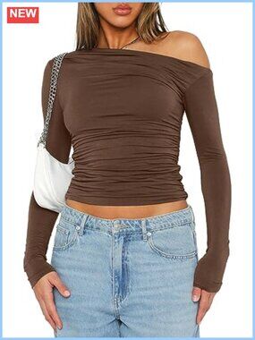 Women's Long Sleeve Off Shoulder Ruched Slim Fit Crop Top Y2K Blouse
